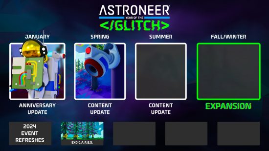 Astroneer roadmap for 'Year of the Glitch' in 2024, with four major updates culminating in an expansion in fall/winter.