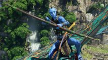 Avatar Frontiers of Pandora review: A Na'vi drawing back the string of a large bow while riding an Ikran..