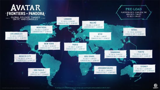 Eine Infografik, die die verschiedenen Veröffentlichungszeiten für Avatar Frontiers of Pandora zeigt