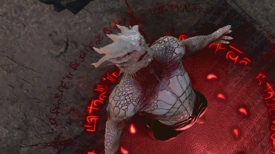 A scaly humanoid figure, a Dragonborn, standing in a circle of arcane symbols.