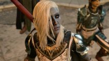 A drow elf from Baldur's Gate 3 with long white hair and white armor looks upwards
