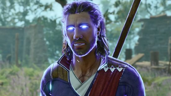 In Baldur's Gate 3, if Gale dies, he becomes a floating purple apparition of himself as shown here.