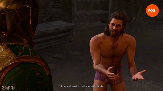 Gale, in his underwear, is thanking the player character after just being resurrected. He has a strange tattoo on his chest.