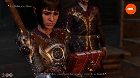 Baldur's Gate 3 Gale death: Shadowheart looks at a satchel as Astarion looks on.