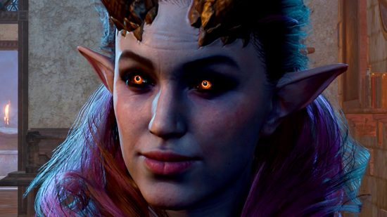 Baldur's Gate 3 hotfix 15 is out now - Alfira, a tiefling bard with purple hair and orange eyes.