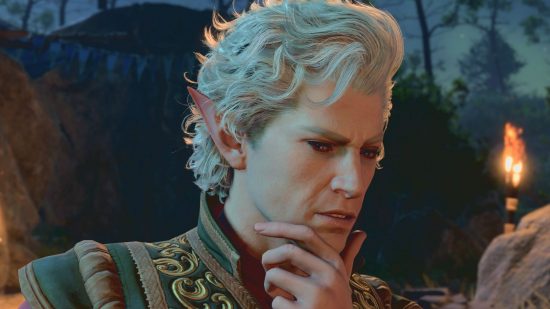 Baldur's Gate 3 influence: a man cupping his chin his left hand, he has wavy white hair and long pointy ears