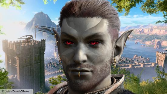 Baldur's Gate 3 mod Elder Scrolls race: a man with grey skin and red eyes in front of a meadow and city