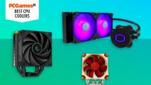 Three of the best CPU coolers against a vibrant green background