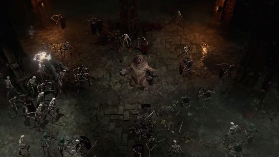 A Druid transforms into a bear to stave off an endless swarm of skeletons in Diablo 4, one of the best fantasy games.