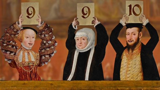 Best medieval games: Three courtiers hold up score cards in The Procession to Calvary.