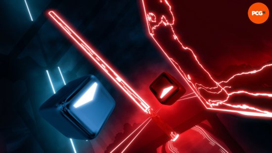 A close screenshot showing two coloured squares to slice and a wall to dodge in Beat Saber.