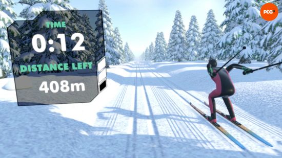 A screenshot of a person skiing down a slope in Cross Country Skiing VR.
