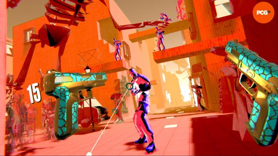 Une capture d'écran chargée montrant de nombreux ennemis tirant des coups pour que le joueur puisse esquiver et contrer dans Pistol Whip VR.