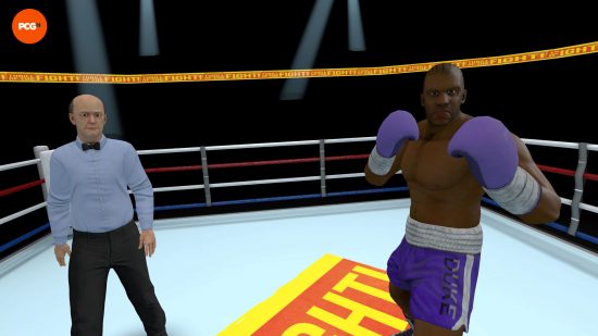 Une capture d'écran montrant un combattant et l'arbitre dans Thrill of the Fight VR.