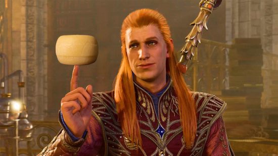 A Baldur's Gate character, a long-haired elf, with a wheel of cheese balancing on his finger.