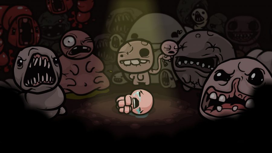 Binding of Issac: a boy cries on the floor of a dark room surrounded by monsters.