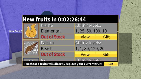 The Blox Fruits stock page showing two out of stock fruits.