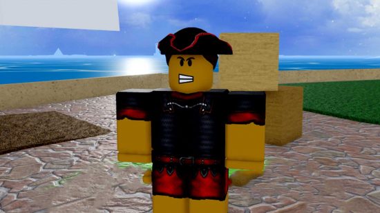 The Blox Fruits stocks dealer standing in Marine Town.