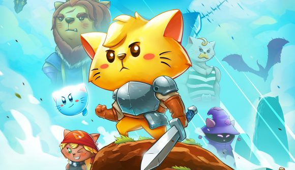 A yellow cartoon cat with a sword, standing atop an outcrop with characters around them.