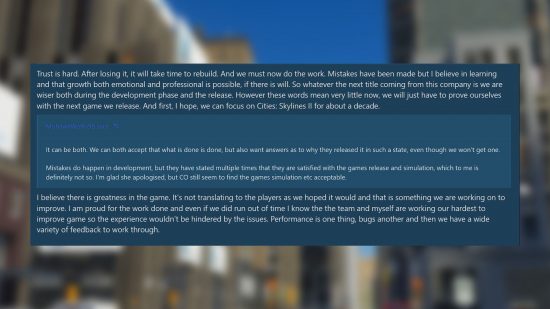 Cities Skylines 2 CEO trust: a screenshot of the comments from Colossal Order's CEO