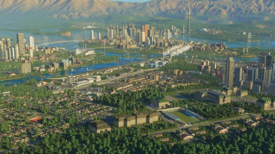 Cities Skylines 2 CEO trust: a bright shot o a cityscape with tall buildings and lots of trees
