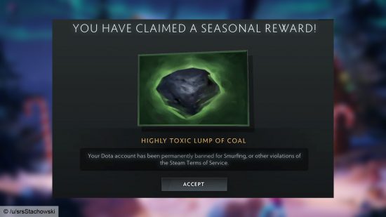 An image of a lump of coal along with a warning as to why a player's been banned. 
