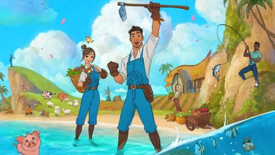 Two people, a man and a woman, in a white shirt with blue dungarees stand in the ocean, the man holds a pickaxe above his head triumphantly as a pig sits beside him smiling