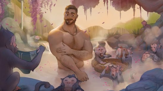 Mark, from dating sim Coral Island, stands in the hot springs surrounded by cute monkeys.