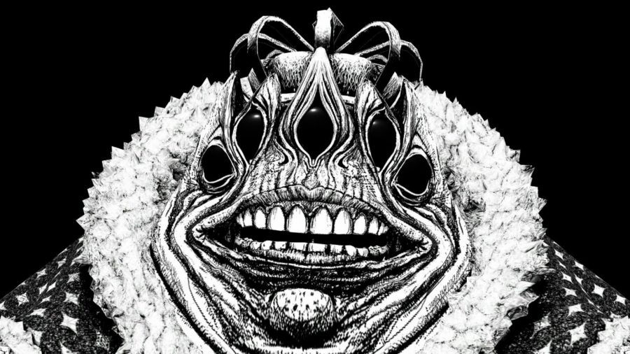Cryptmaster - A multi-eyed frog-like creature with a terrifying grin, portrayed in black and white.