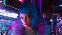 A woman with blue har and a purple fluffy jacket in a neon bar.