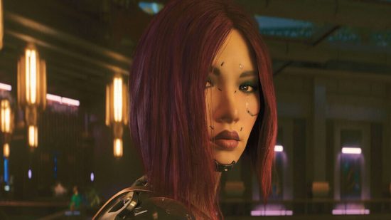 Cyberpunk 2077 Ultimate Edition sale: a woman turns around and looks into the camera, with her long dark purple hair covering her right eye and some cybernetic features
