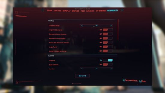 Cyberpunk 2077 update 2.1 accessibility: the new accessibility tab in the Cyberpunk menu