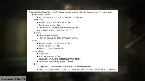 A Dead by Daylight survey asking for thoughts on several game modes.