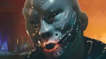 Den of Wolves trailer: close-up of a man in an intimidating white mask with a glowing red mouth.