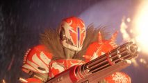 Destiny 2 Legacy Collection free game: a person in red and white space armor holding and shooting some sort of Gatling gun weapon