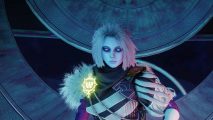 Destiny 2 Vault glitch: a young woman with light blue skin, glowing eyes, and frizzy pale hair