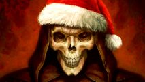 Diablo 2 Resurrected 22 Nights of Terror - A skull-faced figure in a cloak wearing a red Santa hat.