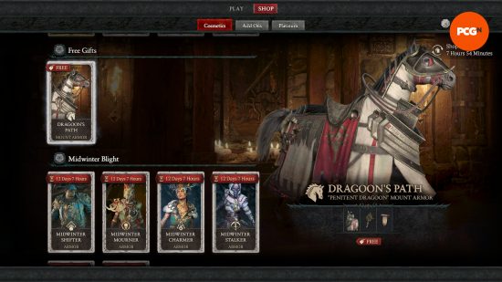 Diablo 4 free horse armor - In-game screenshot of the Diablo 4 shop, showing the free Dragoon's Path bundle.