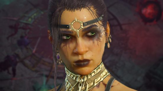 How to claim Diablo 4 free cosmetics - A rogue wearing black leather armor with a golden choker, along with dark lipstick and heavy eyeshadow.