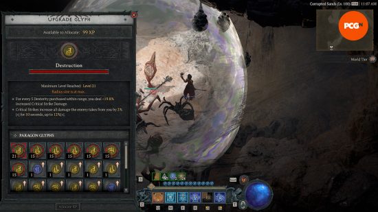 Diablo 4 Glyph bug fixed in patch 1.2.3 hotfix - A player upgrades glyphs after completing a D4 Nightmare Dungeon.
