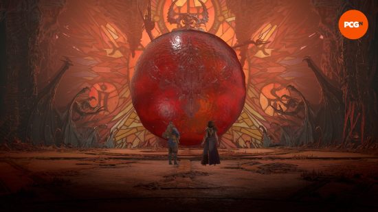 Two women stand in front of a huge, bloody red orb containing a skull in a chapel area with red stained glass windows