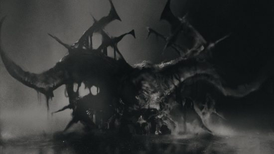 A black and white image of a monstrous character rising from misty water