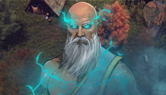 A bald man with glowing blue eyes sparking thunder wearing a blue toga with gold trims on a fantasy forgest background