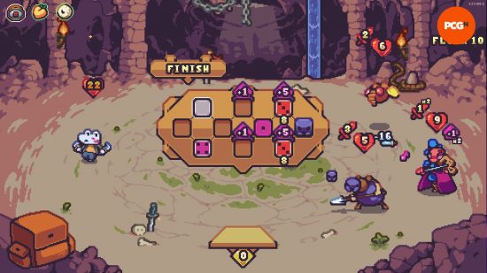 Stirb im Dungeon Origins-Update – Der Spieler legt Würfel auf ein Brett, um seine Angriffe in diesem schurkenhaften Deckbauspiel zu bestimmen.