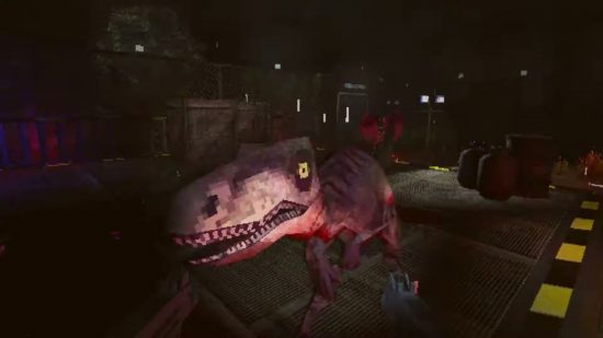 A first-person view of a velociraptor dinosaur about to attack the player.
