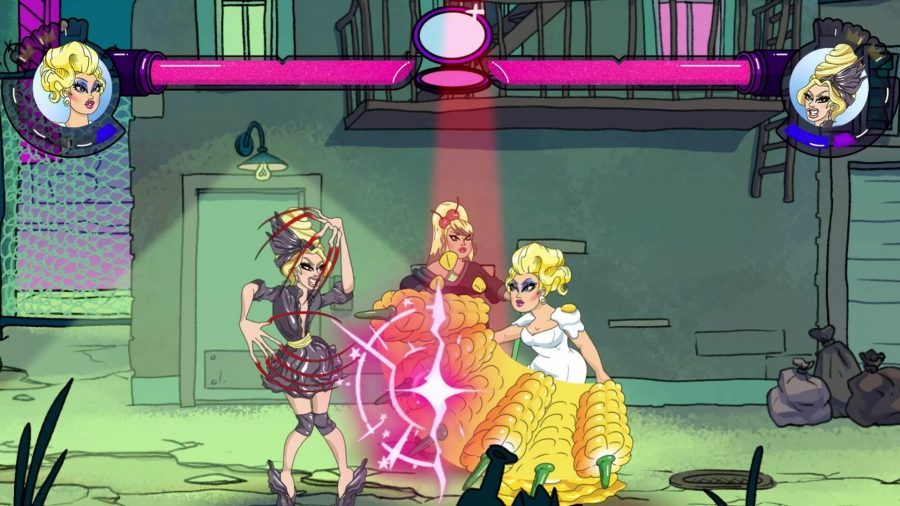 Drag Her! - Two drag queens, one in a black costume and the other in a white dress with corn cobs as a skirt fighting in an alleyway as another queen referees