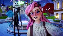 A pink-haired player character stands next to Jack Skellington in Dreamlight Valley.