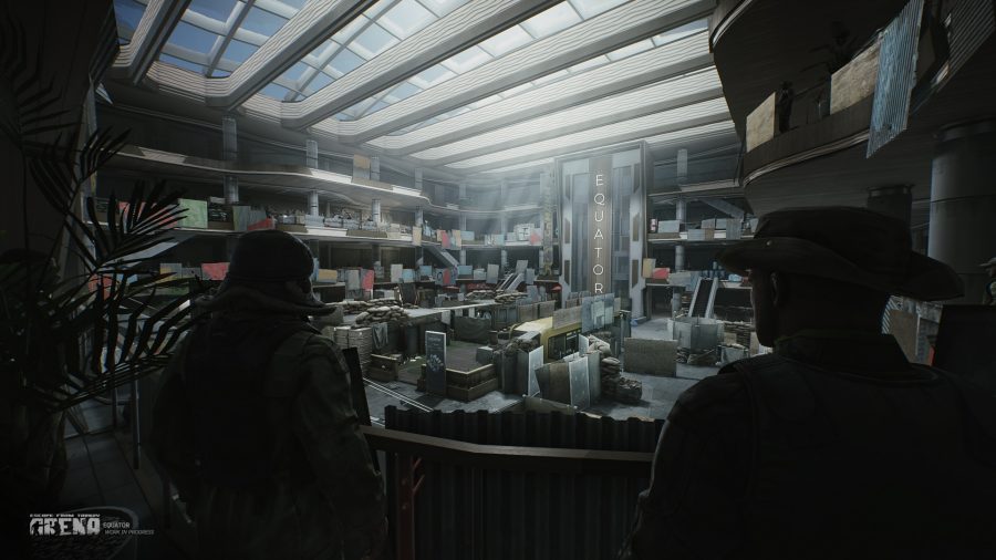 Escape From Tarkov Arena: solider look on as two other squads fight.