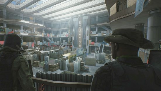 Escape from Tarkov Arena: a solider in a cowboy hat watches on as other squads fight.