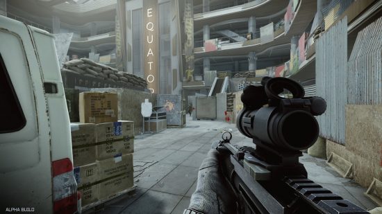 Escape from Tarkov Arena: POV of someone holding a large assault rifle.